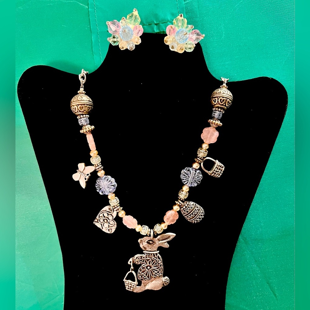 Vintage Marcie Pewter Bunny Rabbits Charm Necklace & Clip On W Germany Earrings